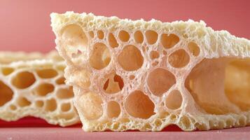Close-up photography of a delicious sponge cake slice showcasing its airy and porous texture, emphasizing the soft, delicate structure and the appealing contrast between the golden-brown crust and photo