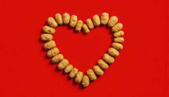 Celebrate love with a unique heart shape formed by delicious potato nuggets, perfect for Valentine's Day or any special occasion This creative arrangement on a vibrant red background captures the photo