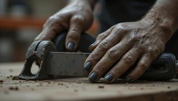 Close-up Image Depicting the Rugged Hands of a Craftsman Diligently Working on a Woodworking Project, Showcasing the Texture of the Wood Grain, the Tools Being Used, and the Dedication to photo