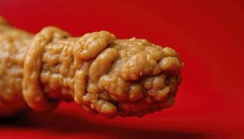 Close-up Photography of a Textured Peanut Butter Treat on a Red Background, Showcasing Irregular Surface Details and Rich Color Contrast, Highlighting Unique Food Textures, Suitable for Culinary photo
