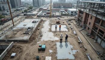 Capturing the Essence of Urban Development A Construction Site Panorama Showcasing the Diligence of Workers and the Raw Beauty of Infrastructure in Progress, with a Focus on Architectural Elements photo