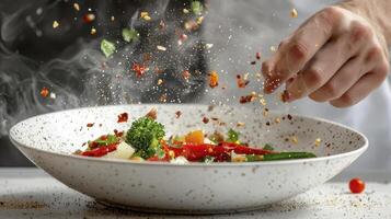 Capturing Culinary Motion A Vibrant Still Life Photograph Showcasing Fresh Vegetables Tossed with Precision and Flair, Creating a Dynamic Composition The Steam Rises Invitingly from the Bowl, Hinting photo