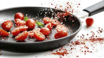 Capture the vibrant essence of culinary artistry with this stunning image featuring fresh cherry tomatoes sauted in a cast iron skillet, sprinkled with herbs and spices The dynamic composition photo