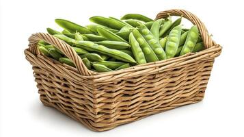 Capture the essence of freshness with this stock photo showcasing a rustic wicker basket overflowing with vibrant, organic sugar snap peas, perfect for culinary creations and healthy lifestyle