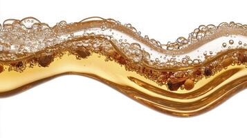 Captivating liquid motion photography showcases a golden beverage flowing gracefully against a pristine white backdrop, emphasizing the dynamic fluidity and sparkling effervescence This abstract photo