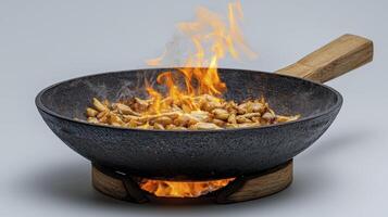Captivating culinary experience A fiery spectacle of flavorful chicken stir-fry, showcasing the art of cooking with vibrant flames dancing above a traditional wok, evoking a sense of warmth and photo