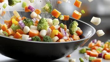 Captivating culinary delight showcasing vibrant, fresh vegetables in motion, a dynamic stir-fry scene that embodies healthy eating, wholesome ingredients, and the joy of cooking, meticulously photo
