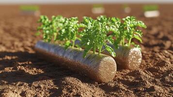 Captivating close-up showcasing vibrant green basil plants sprouting from innovative, cylindrical soil structures, ideal for sustainable urban gardening and vertical farming concepts The image photo