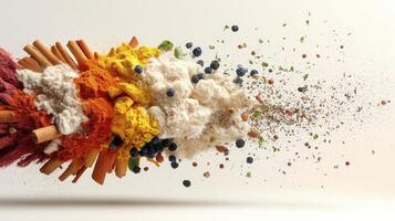 Captivating Still Life Composition Showcasing a Vibrant Array of Culinary Ingredients Exploding in Mid-Air, Featuring Spices, Herbs, Powders, and Dried Fruits Against a Clean White Background This photo