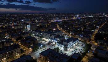 Captivating Nightscape An Aerial View of Urban Splendor, Showcasing the Illuminated Cityscape at Dusk, Highlighting Architectural Brilliance and the Dynamic Energy of the Metropolis Discover the photo