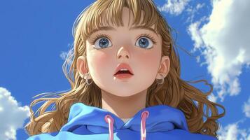 Captivating Digital Portrait of a Young Girl with Piercing Blue Eyes Gazing Up at the Sky, Evoking a Sense of Wonder and Awe, set against a backdrop of Fluffy White Clouds and a Vibrant Blue Sky photo