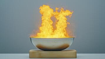 Captivating Fire Display Witness the mesmerizing dance of flames erupting from a sleek silver bowl, a symbol of transformation, energy, and intense heat, all captured in stunning detail The contrast photo