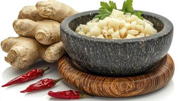 Captivating Culinary Still Life Explore the vibrant colors and textures of fresh ginger root, finely diced garlic in a rustic stone bowl, and fiery red chili peppers, elegantly arranged on a warm photo