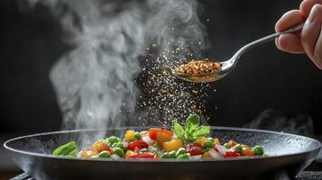 Captivating Culinary Scene Seasoning Delight, Where Culinary Artistry Meets the Essence of Flavor, as a Spoonful of Aromatic Spices Cascades onto a Vibrant Medley of Fresh Vegetables Simmering in a photo