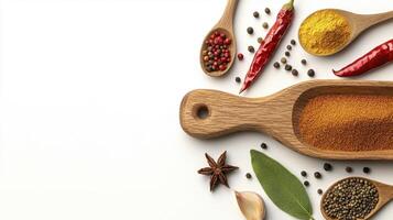 Captivating Culinary Composition A Vibrant Array of Spices and Herbs on a Pristine White Background, Showcasing Red Chili Peppers, Peppercorns, Turmeric Powder, and Anise Star, Enhanced by the Warmth photo