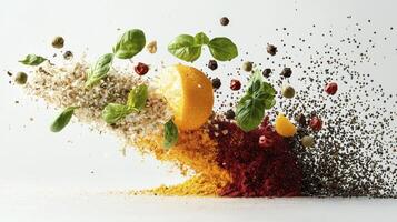 Captivating Culinary Composition A vibrant explosion of flavors frozen in time, showcasing fresh basil leaves, zesty lemon slices, an array of colorful spices and herbs, pepper, turmeric, all photo