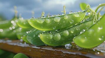 Captivating Close-Up of Fresh Sugar Snap Peas Covered in Sparkling Water Droplets, a Natural Delight Explore the Intricate Details and Vibrant Green Hues of these Delicious Pods, Showcasing the photo