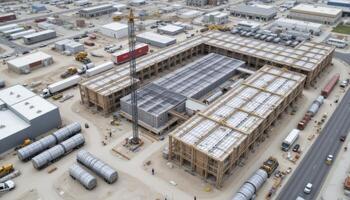 Aerial View of a Large Construction Site Witness the progress of a massive industrial building, showcasing the intricate network of beams, concrete slabs, and heavy machinery See the bustling photo