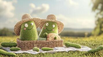 Adorable Cucumber Family Picnic A Charming Scene of Parent Cucumbers with Hats Enjoying a Sunny Day in a Lush Green Field, Baby Cucumber and Picnic Basket, Perfect for Food Bloggers, Healthy Eating photo