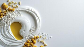 Abstract Art Composition Discover a captivating abstract art composition showcasing white swirls, golden spheres, and scattered white particles against a pristine white backdrop This minimalist yet photo