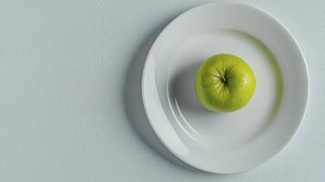A Vibrant Green Apple on a Pristine White Plate A Study in Simplicity and Freshness This minimalist composition captures the essence of healthy eating and natural beauty Perfect for illustrating photo