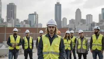 A Diverse Team of Construction Workers Standing Proudly in Front of a Modern Cityscape, Representing Collaboration, Hard Work, and the Spirit of Progress These Dedicated Professionals Embody the photo