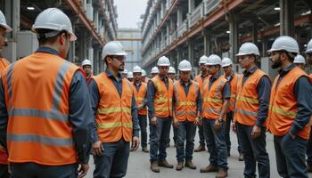 A Diverse Group of Construction Workers Gather for a Morning Meeting, Demonstrating Teamwork and Collaboration in a Modern Industrial Setting, Wearing High-Visibility Vests and Hard Hats, Symbolizing photo