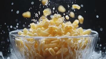 Captivating Image of Cereal Explosion Explore the dynamic movement and texture of crispy rice cereal suspended mid-air as milk splashes around a clear glass bowl, creating a visually stunning and photo