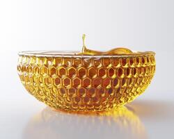 Capture the Golden Essence A Visually Stunning Image of Pure Honey Dripping into a Honeycomb Bowl, Showcasing its Natural Sweetness and Luxurious Texture Perfect for Food Blogs, Health Websites, and photo
