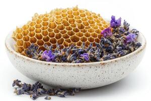 Capture the golden allure of honeycomb in this high-resolution image, featuring a natural beeswax comb nestled in a rustic bowl, adorned with delicate sprigs of vibrant lavender, perfect for photo