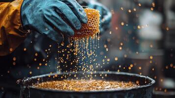 Capturing the Essence of Honey Extraction A Detailed Look at the Process of Honeycomb Handling and Honey Harvesting, Showcasing the Tools and Techniques Used, the Golden Liquid Flowing, and the Bee photo