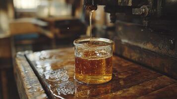 Capturing the Golden Hue A Close-Up of Liquid Pouring into a Glass, Showcasing Precision and the Warm Amber Tones Explore the Textural Details of the Wood Surface and the Mechanical Parts in the photo