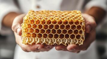 Close-up view of a golden honeycomb held gently in two hands, showcasing its intricate hexagonal structure and natural sweetness A chef's white coat in the background suggests culinary use photo