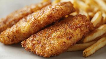 Crispy Fried Fish and Chips A Delicious and Classic Comfort Food Indulge in the golden-brown perfection of this traditional dish, featuring flaky white fish encased in a light and crispy batter photo