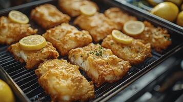 Crispy Fried Fish Fillets with Lemon A Delicious and Easy Recipe for Seafood Lovers Golden-brown, flaky cod fried to perfection, topped with fresh lemon slices A perfect dish for a quick weeknight photo