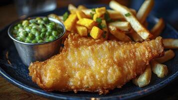 Crispy Golden Delight A Close-Up of Classic Fish and Chips, a Culinary Icon, Showcasing Perfectly Fried Cod with Flaky Texture, Served Alongside Golden Brown French Fries, Accompanied by a Side of photo