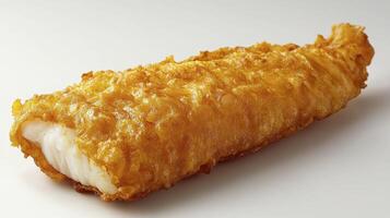 Crispy, golden fish and chips, a classic British delight, is presented in this high-resolution image, perfect for culinary websites, restaurant menus, and food blogs The flaky white fish, encased in photo