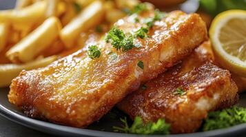 Crispy Golden Fish and Chips Delight Indulge in a mouthwatering image showcasing two perfectly fried fish fillets, accompanied by a generous portion of golden-brown chips This culinary masterpiece is photo