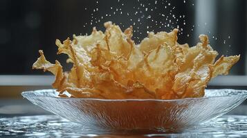 Crispy golden fried onion petals are dramatically presented in a clear glass bowl, illuminated by soft, inviting lighting Salt crystals gracefully cascade downwards, enhancing the visual appeal of photo