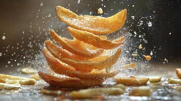Crispy Potato Wedges in Mid-Air A High-Resolution Studio Shot Showcasing Delicious Golden-Brown Fried Potatoes with a Splash of Water, Perfect for Food Photography Enthusiasts and Recipe Bloggers photo
