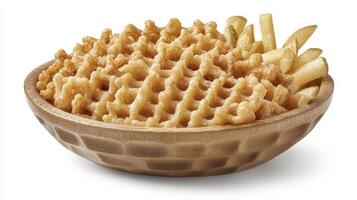 Crispy waffle fries and classic fries presented in a peanut-shaped bowl, ideal for restaurant menus and food blogs explore innovative ways to showcase potato-based snacks, capture the appetizing photo