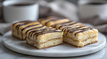 Delicious Caramel Slice Squares A Delectable Treat, Perfect for Sharing, Featuring Layers of Buttery Shortbread, Creamy Caramel Filling, and Rich Chocolate Drizzle, Presented on a Stylish Marble photo