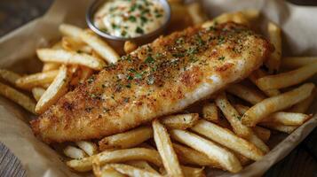 Delicious Fish and Chips A Classic British Comfort Food Delight Crispy Fried Fish Fillet Served with Golden French Fries and a Creamy Tartar Sauce Enjoy this Traditional Meal at Your Favorite Pub or photo