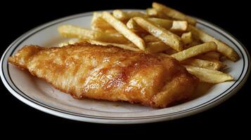 Delicious Fish and Chips A Classic British Dish on a Plate, Close-up View Explore the Crispy Golden Texture of Fried Fish Fillet and the Fluffy Interior Enjoy the Perfect Combination of Savory Fish photo