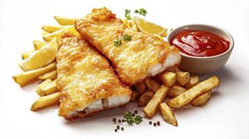 Delicious Fish and Chips A Classic Culinary Delight, Immerse yourself in the crispy goodness of golden-fried fish fillets paired perfectly with seasoned potato chips Indulge in this iconic dish, a photo