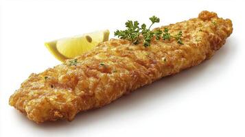 Delicious Fried Fish Fillet Image Crispy Batter Seafood Dish, Served with Fresh Lemon Slice and Parsley Garnish Perfect for Restaurants, Recipe Blogs, and Culinary Presentations High-Resolution photo