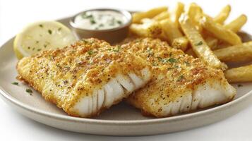 Delicious Fried Fish and Chips A Crispy Delight on a Plate, Showcasing Golden-Brown Perfection, Accompanied by Refreshing Tartar Sauce and a Zesty Lemon Wedge This Classic Dish Represents Comfort photo