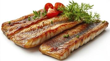 Delicious Fried Fish Fillets with Fresh Herbs and Tomatoes A Culinary Delight Discover the exquisite taste of perfectly cooked fish fillets, seasoned with aromatic herbs and garnished with vibrant photo