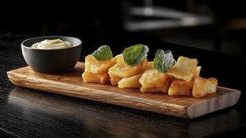 Delicious Fried Yuca Bites A Culinary Exploration of Latin American Flavors Savor these crispy, golden-brown yuca cubes, perfectly paired with a creamy dipping sauce and garnished with fresh mint photo