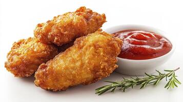 Delicious Golden Fried Chicken Nuggets with a Side of Tangy Ketchup, a Perfect Appetizer or Snack, Ideal for Parties and Gatherings Crispy and Savory, Served with Rosemary for Garnish Enjoy These photo
